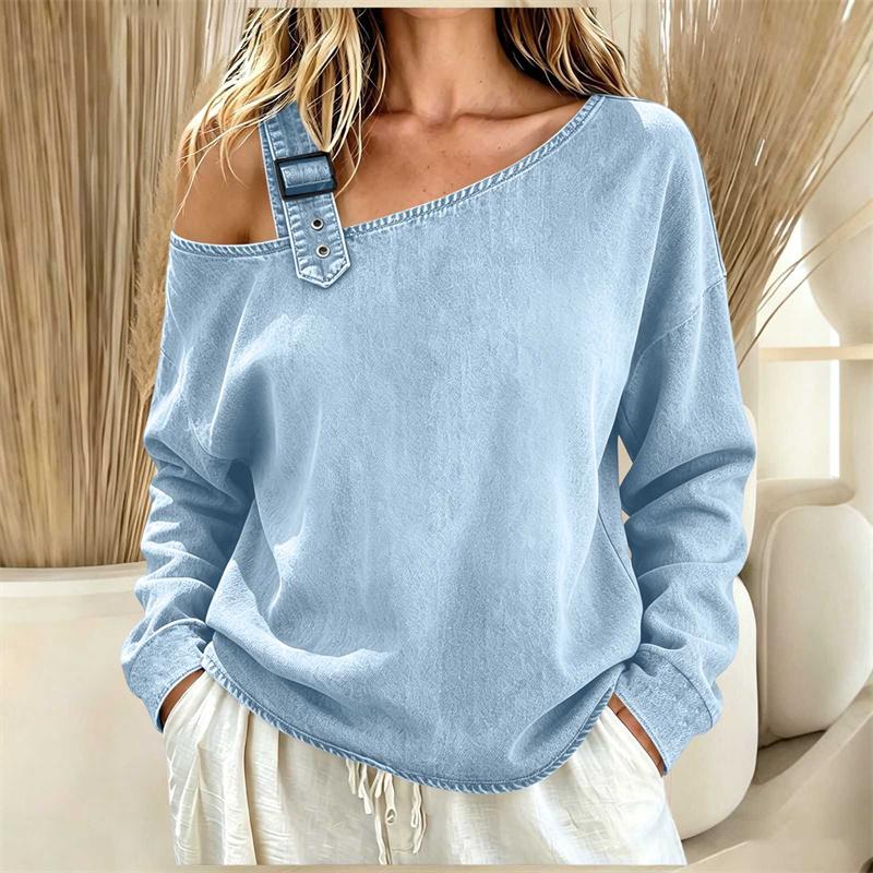 Denim Off-the-Shoulder Long Sleeve Oversized Casual Loose Tops Women Spring Autumn T-shirt