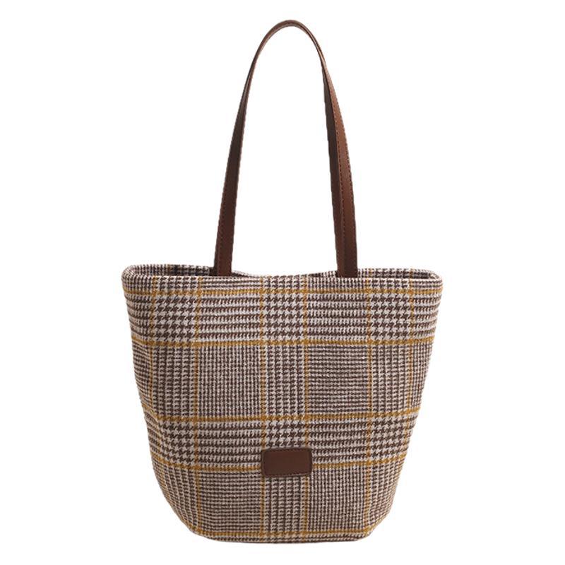 Bag women's 2025 new product contrasting color retro woolen material plaid leopard print tote bag portable shoulder underarm bag tide