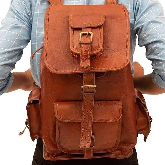 Leather Bag Backpack Rucksack 16'' New Travel Brown Real Genuine Men's Vintage