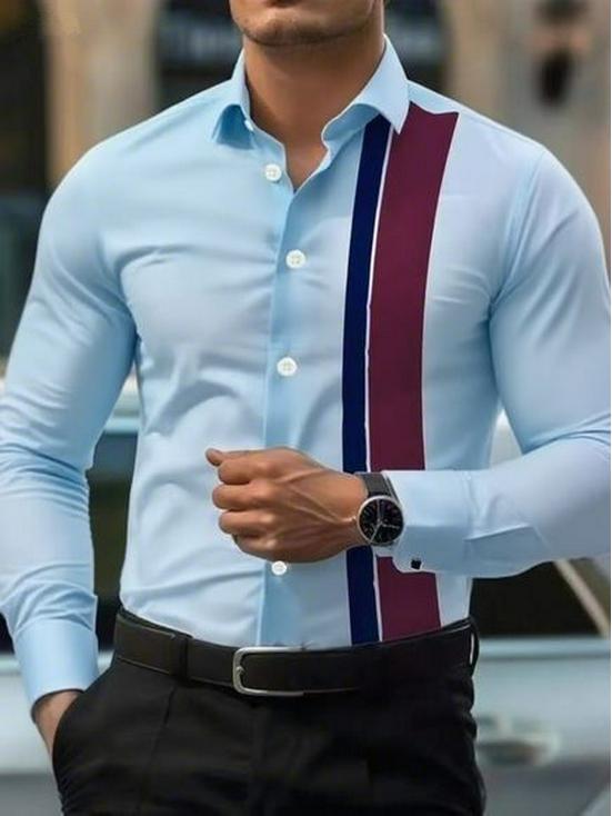 Men's Color Block Stretch Business Casual Long-Sleeved Shirt