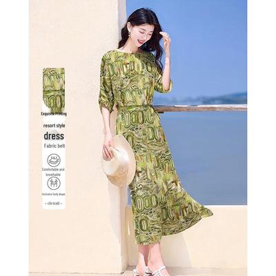 Vestido Midi Elegante com Estampa Floral de Meia-Manga