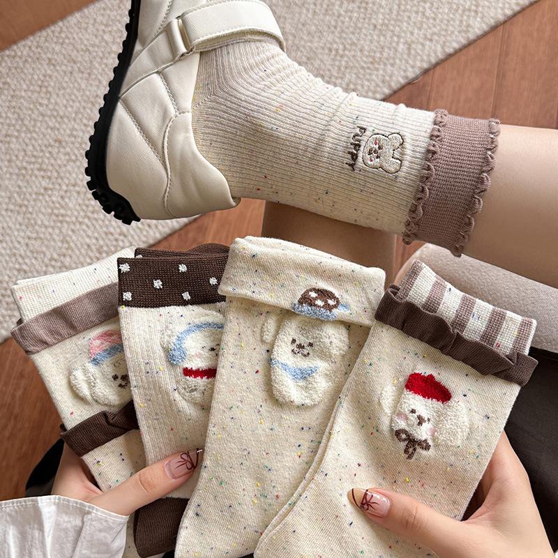 Cute Socks for Women, Mid-calf Socks, Cotton Dot Yarn, Autumn and Winter Style, Little Bear Cartoon Dot Socks