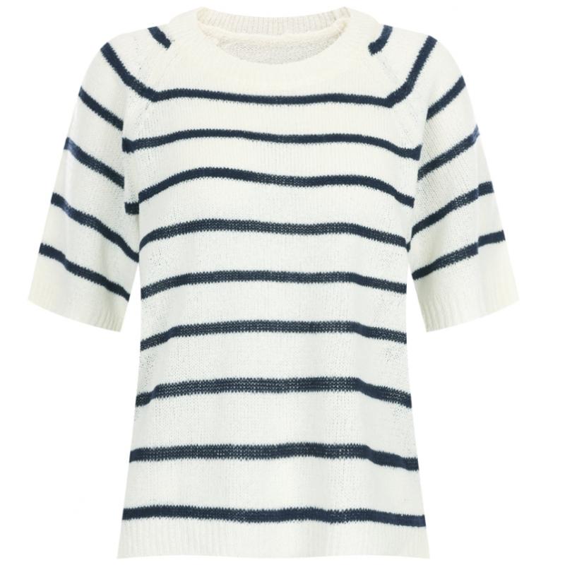 Shop Women Round Neck STriped Boucle ShorT Sleeve KniT T shirT Navy Frb Wkn