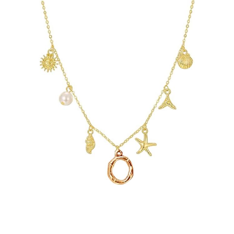 Ocean Theme Gold Charm Necklace with Initial Shells Letter Pendant Suitable for Surfer Girls and Beach Enthusiasts