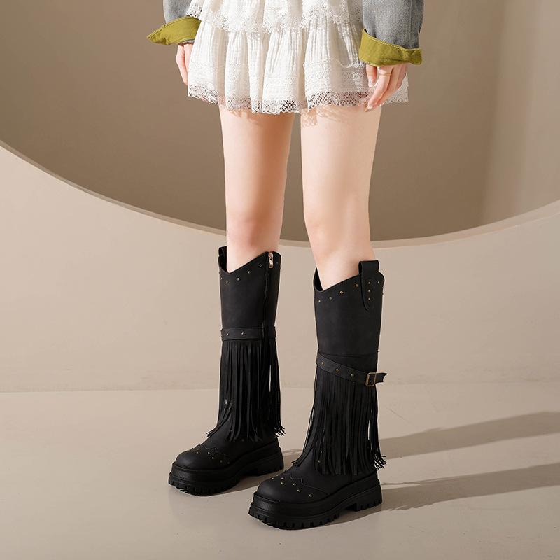 European and American Retro Style Fringed Boots 2025 Autumn and Winter New Rivet Belt Buckle High Boots Fashionable Versatile Knight Boots