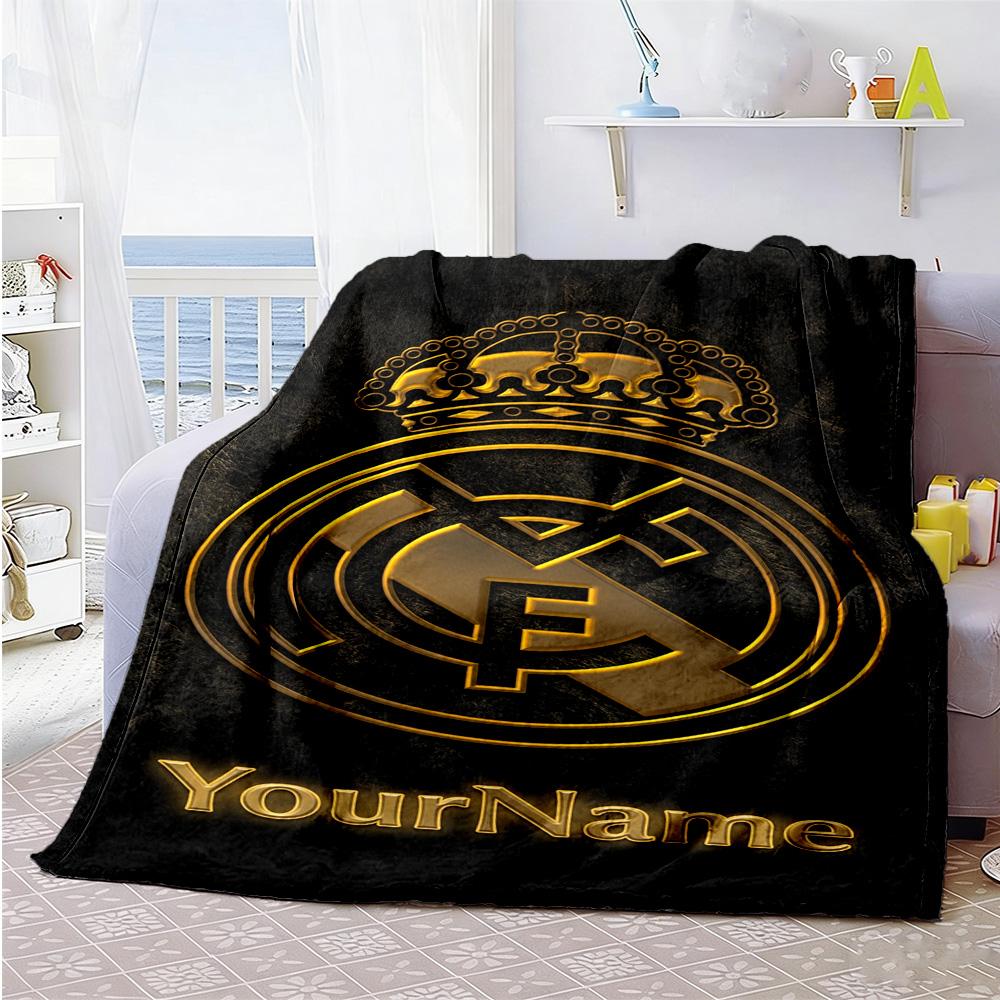 Real Madrid Personalized Text Blanket Throw Customizable Blanket Soft & Cozy Throw For Bedding Office Chair Office Bed Four Seasons Multipurpose