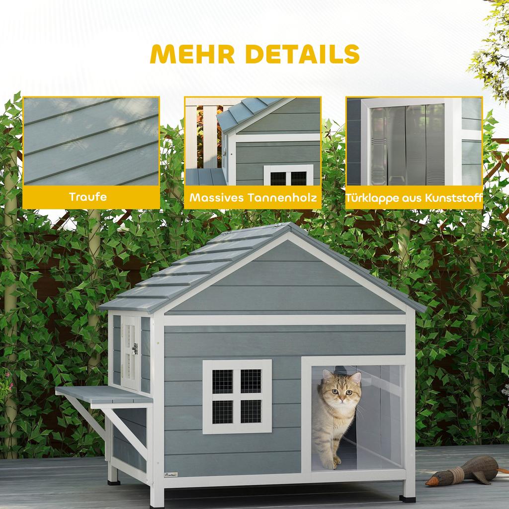 Wooden Cat House, 2-Story Cat Den with Waterproof Flip-Up Roof, Side Platform, 101x72.5x81cm, Grey