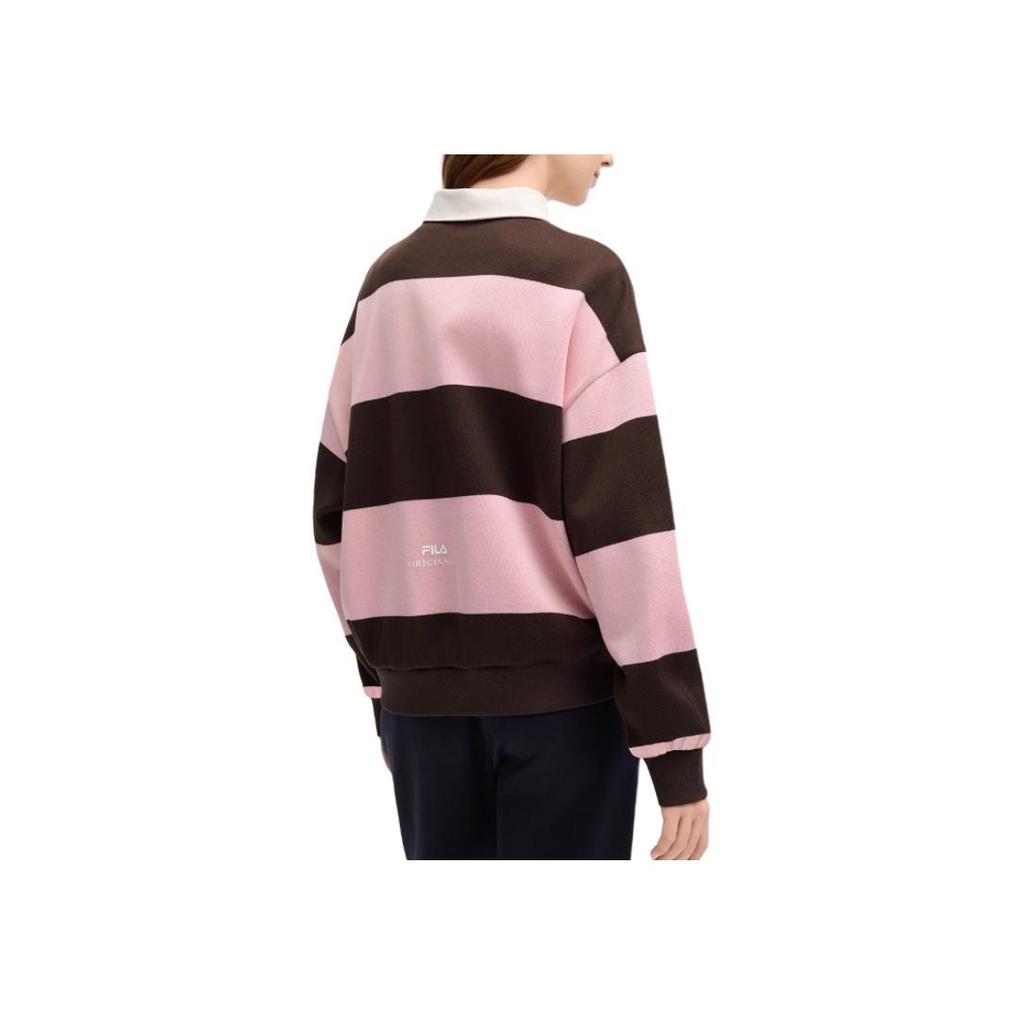 Fila Striped Knitted College Style Long Sleeve Polo Shirt Women Tops Coffee-Brown F11W519219FBN
