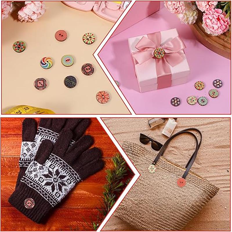 100Pcs 2-hole Mixed Flower Wooden Decorative Button 15/20/25mm Round Shape Wooden Buttons Set Suitable for Sewing Clip Art Craft