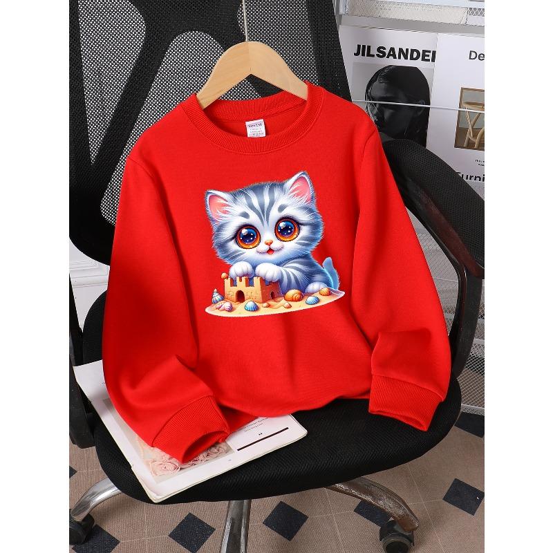 European sizes Girls' Crewneck Sweatshirt Cute Kitten Sand Castle Seashells Beach, Soft Comfy Sportswear for Children & Teens