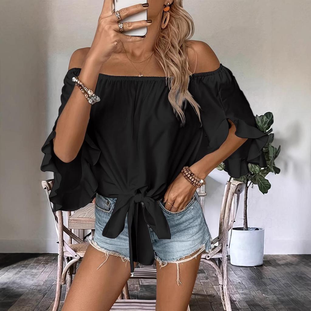 Elegante Top Elastico Bardot con Polsini Svasati e Laccio sul Fondo