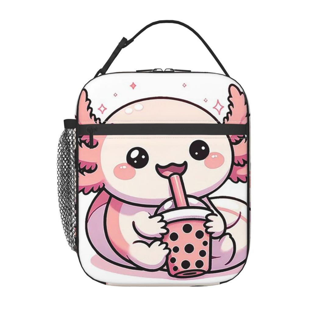 Cute Axolotl Milk Tea Print Insulated Lunch Bag for Women Kids Portable Food Boxes Thermal Lunch Box Tote