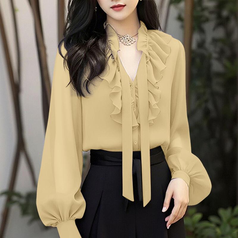 

ZANZEA Жіноча блузка з рюшами, V-подібним вирізом, повсякденна, з довгим рукавом L абрикосовий