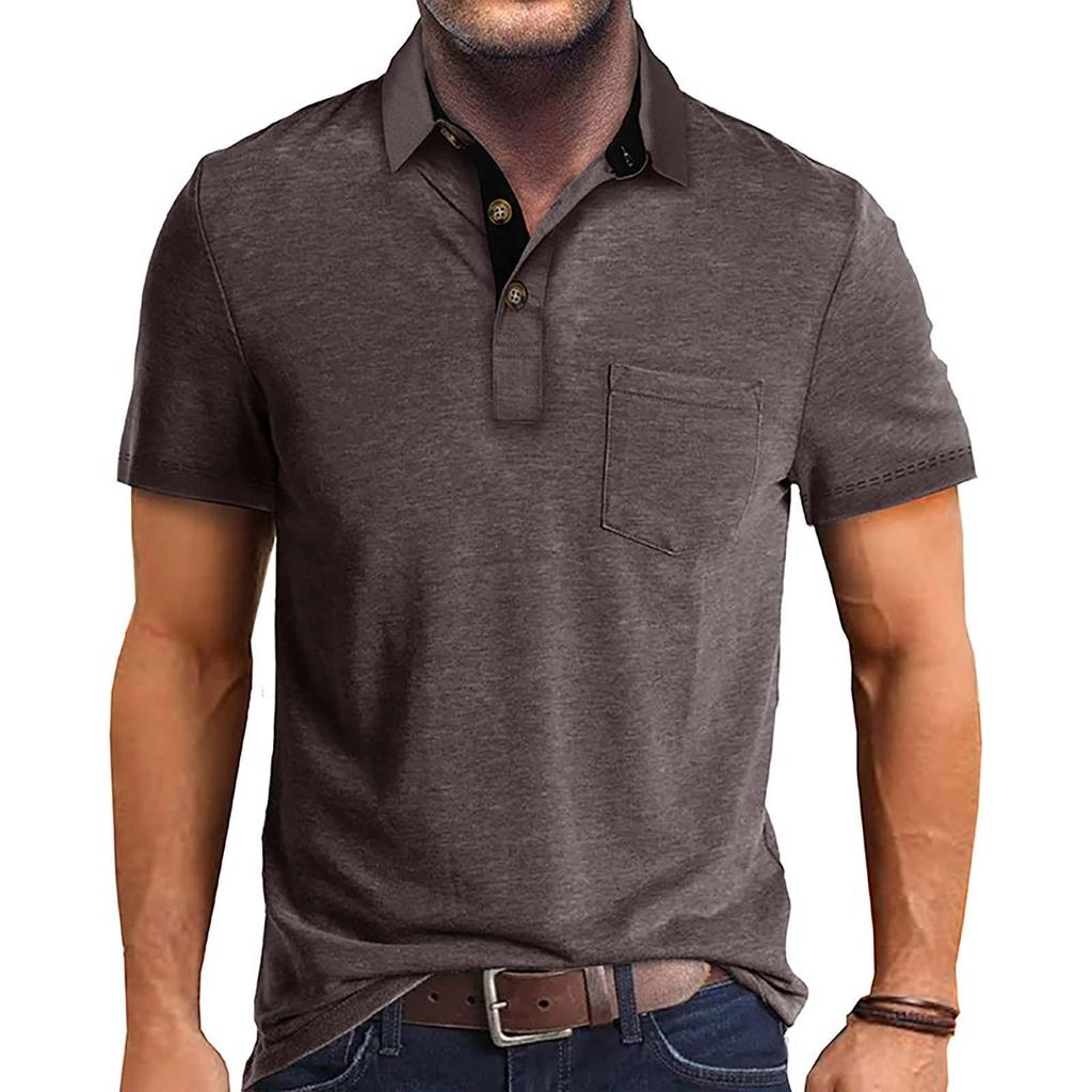 T-shirt estiva da uomo tinta unita con colletto aperto a 3 bottoni e top a maniche corte con bottoni