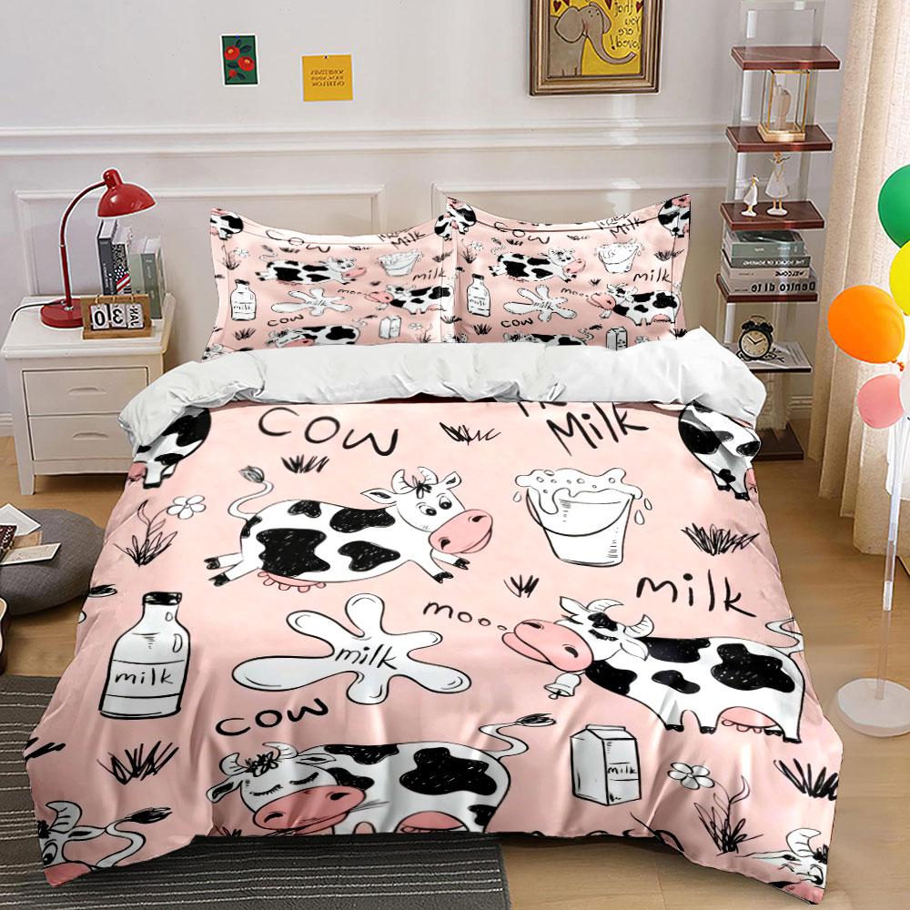 Cute Cow Milk Cartoon Pattern Bedding Duvet Cover Set (1*Duvet Cover 2*Pillowcases, without duvet insert)