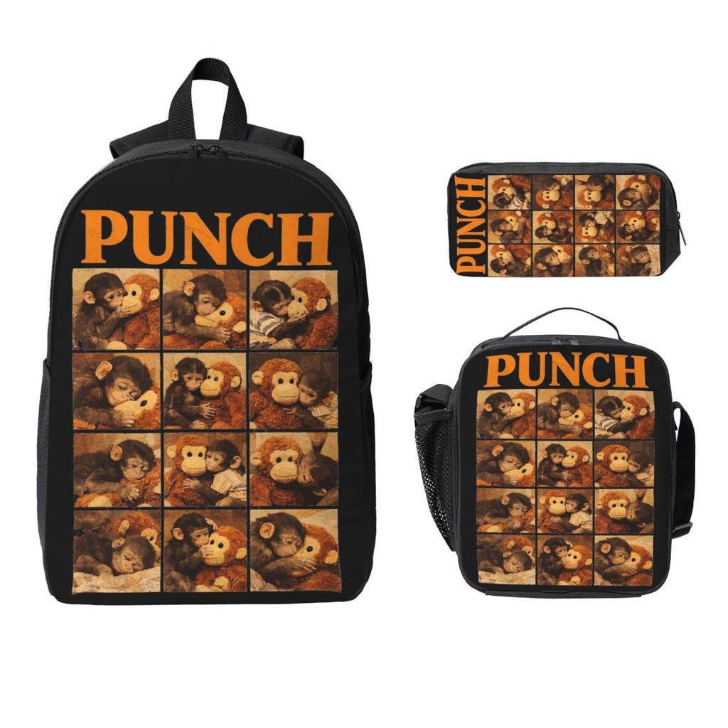 Baby Punch Monkey, Viral Monkey Kids Backpack Lunch Box Pen Bags for Boys Girls Backpacks Kawaii Schoolbag Bookbag Set