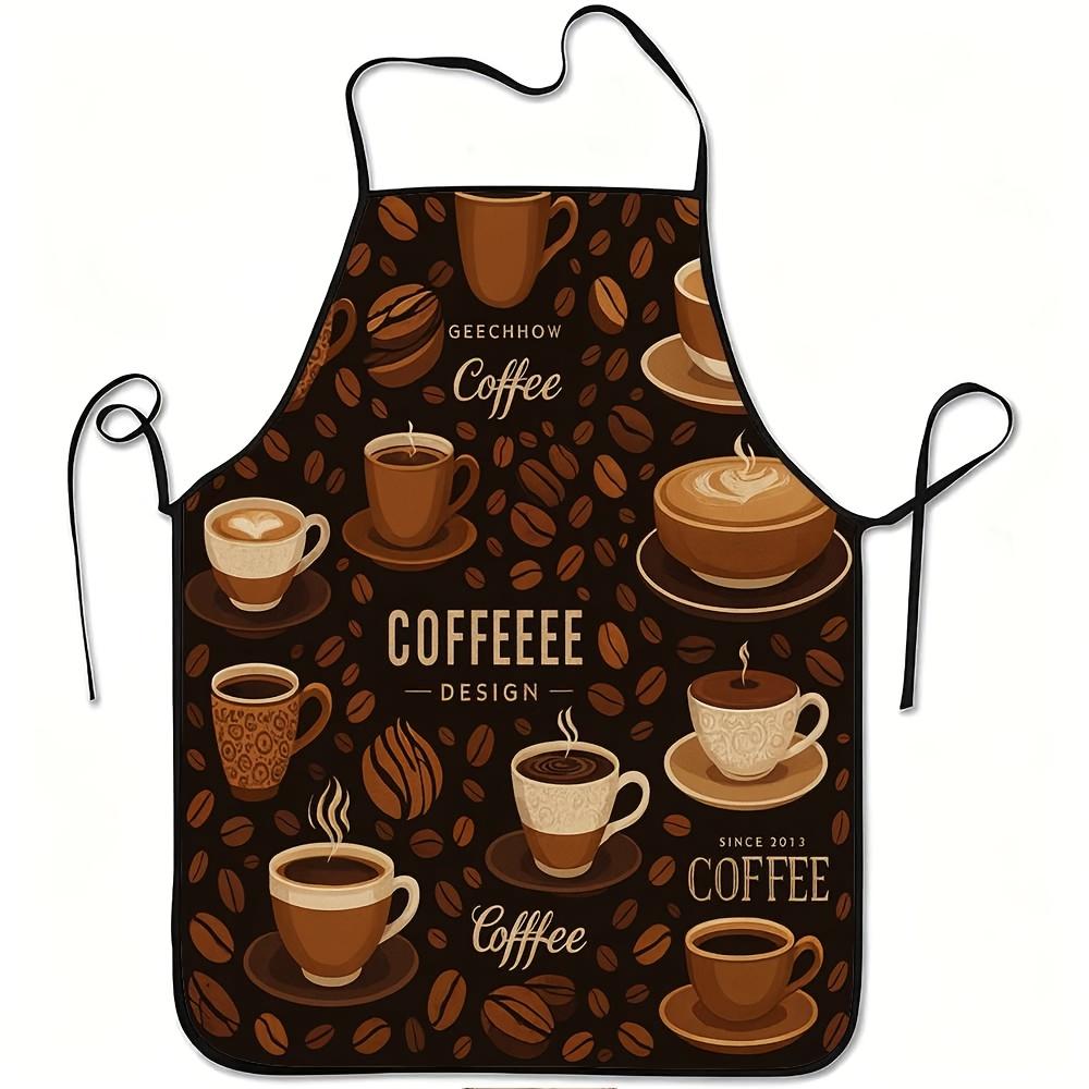 A Coffee-Themed Apron Featuring Designs of Coffee Beans And Steaming Cups - with an Adjustable Waist Strap, Made from Durable And Easy-To-Clean Polyes