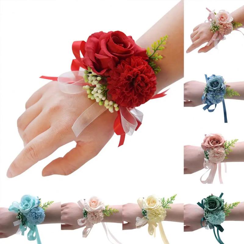 1PC Suit Corsage Pins Elegant Corsage Bracelet Wedding Non-Fading Silk Rose Bridesmaid Wrist Flower Groom Boutonnier