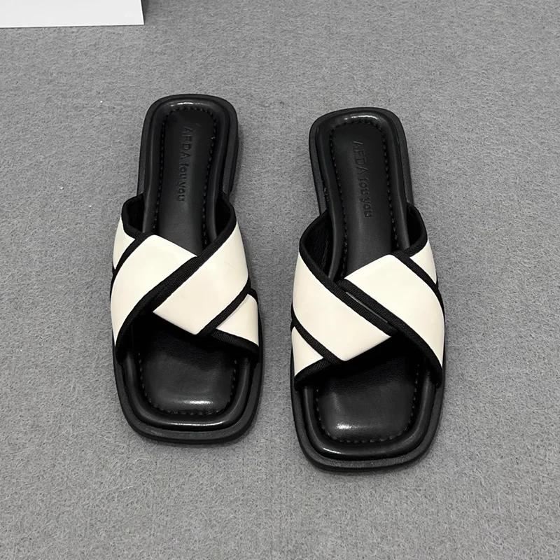 Fashion Women's Slippers and Ladies Sandals Open Toe Low Heel Outside on Beach House Black Indoor Home Slides Shoes Off White Word Flat