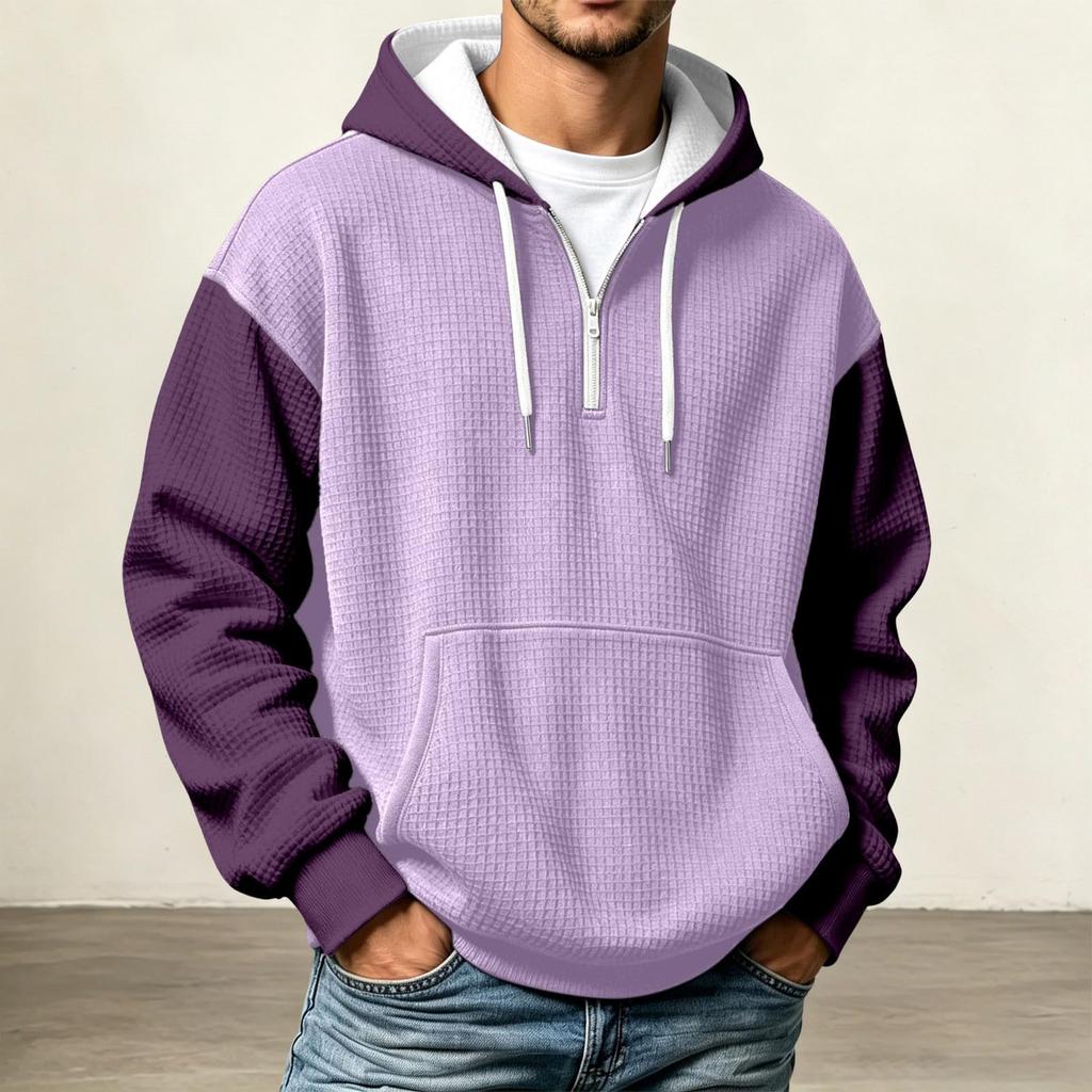 Sudadera con capucha de punto casual de bloque de color con media cremallera para hombre