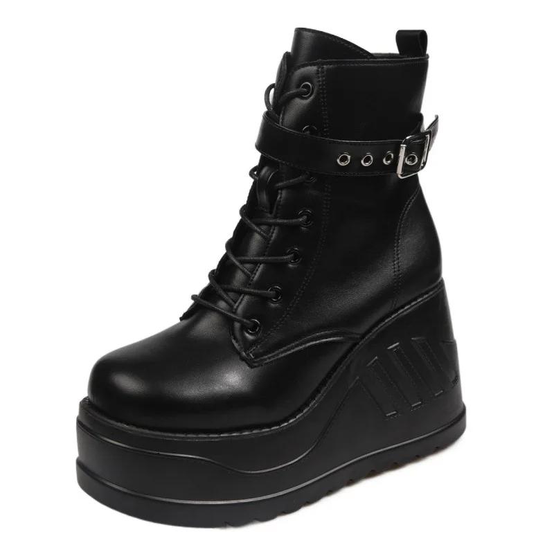 Fashion Side Zip Women Platform Shoes Black Gothic Buckle Pu Leather Woman Creeper Punk Boots Female Black High Heel Ankle Short Boots