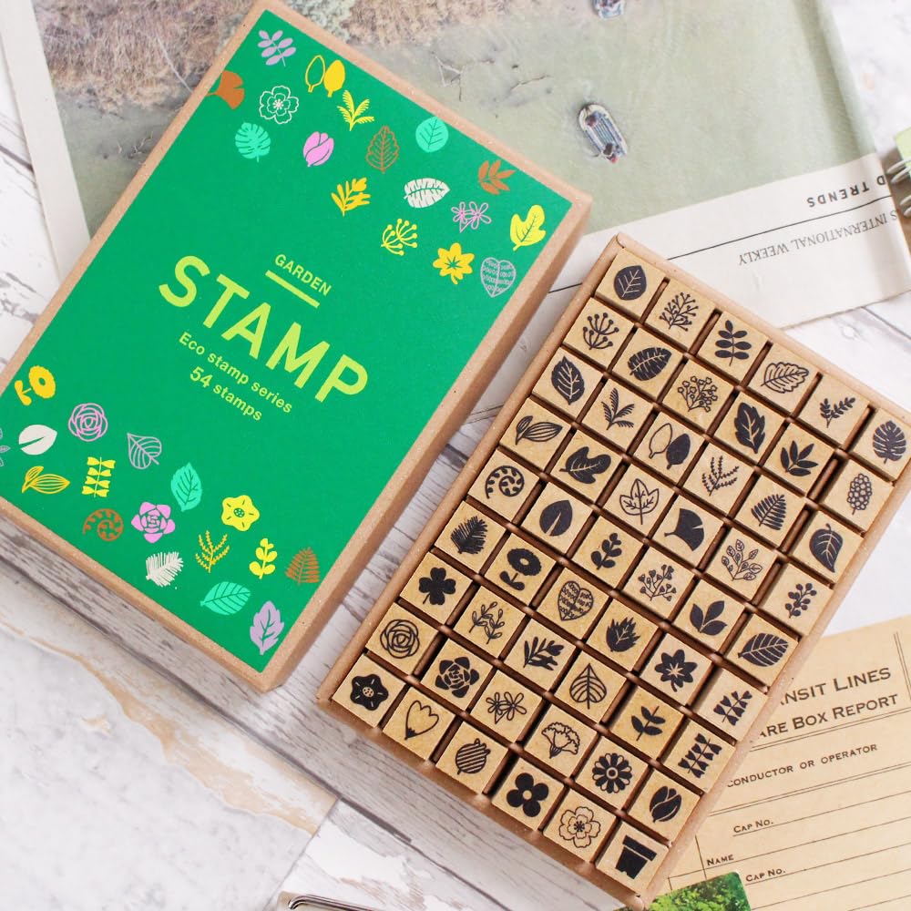 Cute Leaf Wooden Rubber Garden Made in Green Message Letter Flowers Stamps, Stamps, 54-Piece Set, Design, Japan, Eco-Friendly, Plants, Leaf,