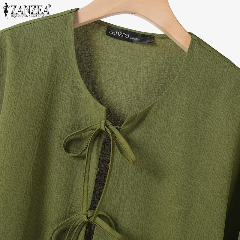 ZANZEA Women Summer Round Neck Long Sleeve Tie Blouse A-Line Skirt Sets