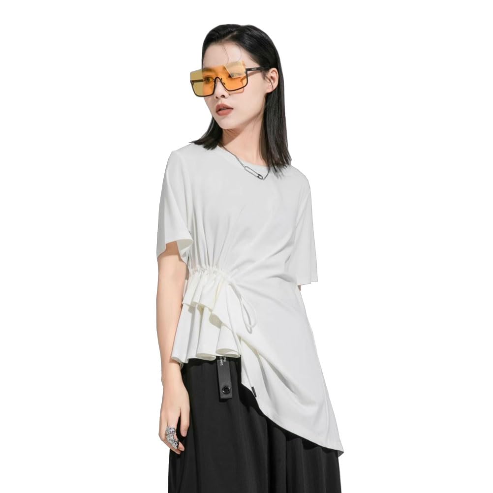 Morino Asymmetrical Short Draped Loose Women's T-Shirt, Sleeve, Hem, Slimming, Fit, Unique, Fashionable, Spring/Summer (L, White)