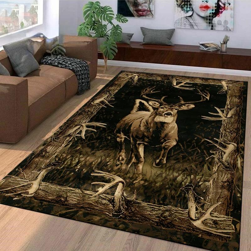 Forest Deer Anti-slip Rug  Animal and Nature Style Floor Mat  Living Room Sofa Bedroom Log Cabin Home Decoration Anti-slip Rug