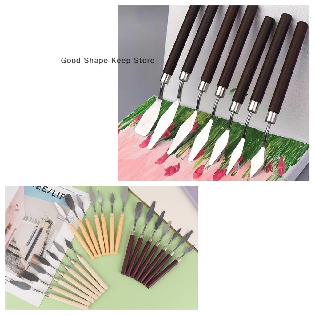7PCS Art Painting Scraper Set Wood Stainless Steel Gouache Paint Pigment Mixing Knife Hand Tool for Watercolor Mixed Media