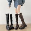 Brown Retro British Platform Boots Women's Boots 2025 New Autumn Maillard Skinny Knight Boots