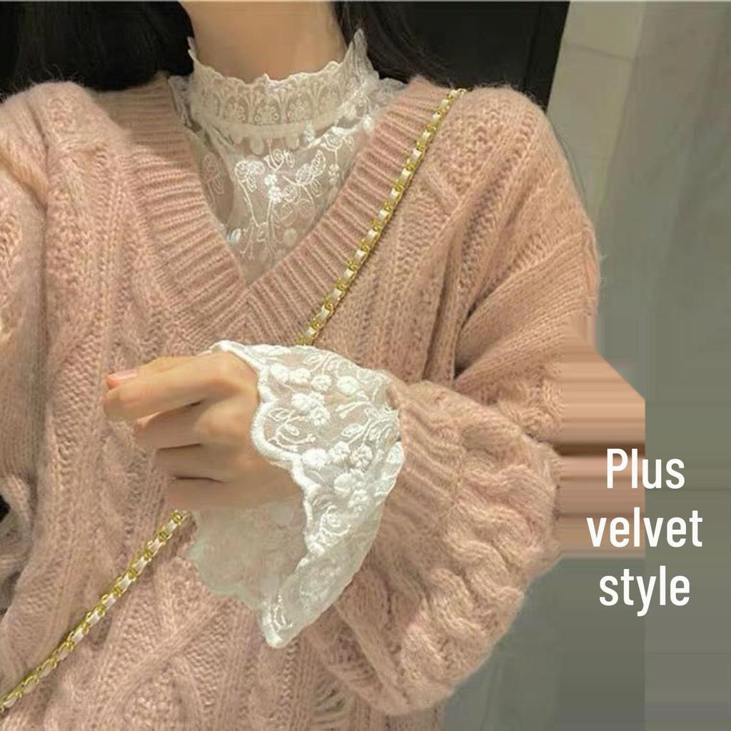 2026 Elegant Korean Style Women's Lace Mesh Top with Half-High Collar - Autumn/Winter Collection
