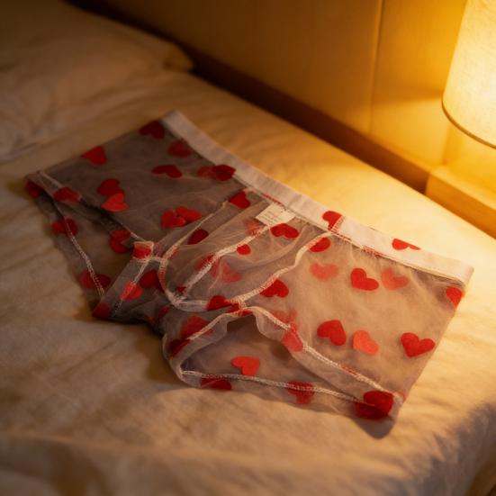 Men Boxer Underwear Elastic Mid-rise Perspective Hollow Mesh Design Boxer Briefs Heart Pattern Underwear Anniversary Gift