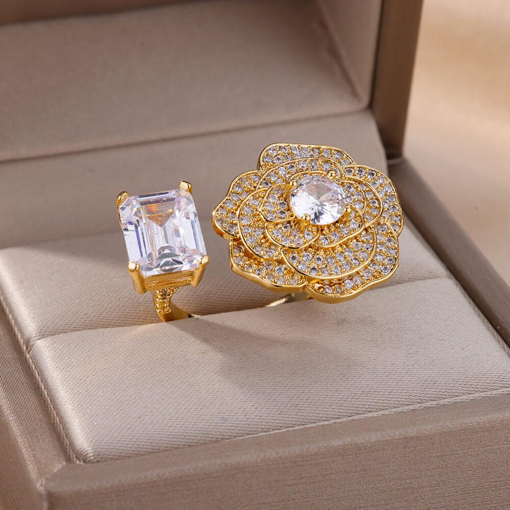 Stainless Steel Blue Zircon Flower Ring For Women Open Adjustable Flower Ring Wedding Aesthetic Jewelry Gift bijoux femme
