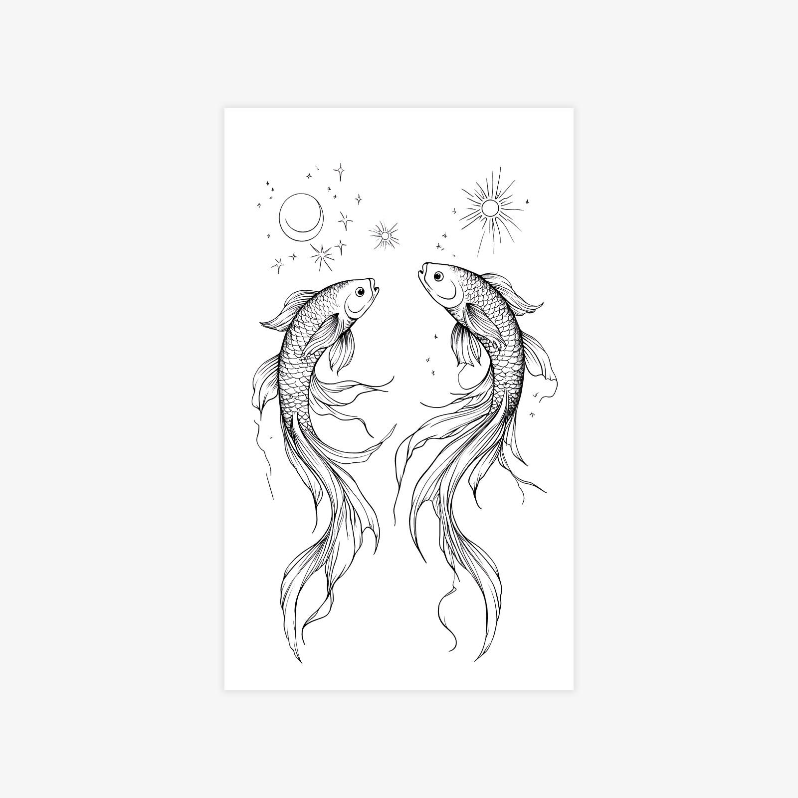 Advanced Sense Of Personality Style Simple Sun And Moon Twin Koi Tattoo Sticker 9*15