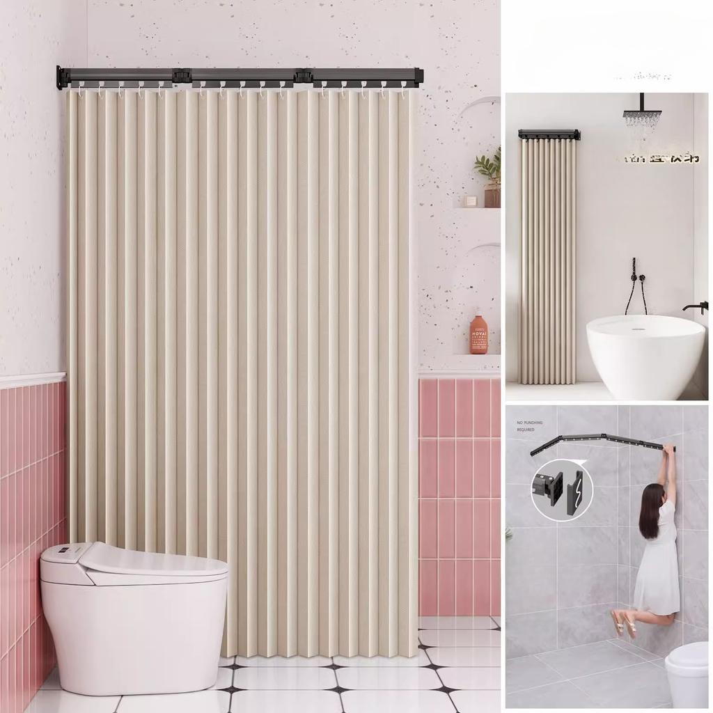 Foldable Shower Curtain Rod for Bathroom and Toilet, No Need To Drill Holes, Dry-wet Separation, C-shaped Waterproof Shower