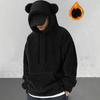 Yousheng Winter Men Hoodie with Cartoon Ear Decor Double-sided Velvet with Big Front Pocket Loose Long Sleeves Thermal Top with Elastic Cuffs Casual
