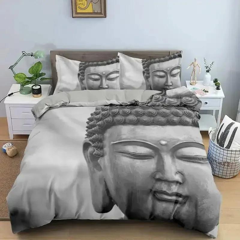 Buddha Bettbezug Set Mikrofaser Buddha Statue Exotisches Ethnisch Böhmisches Bettwäscheset für Buddhistische Anhänger Doppel Queen King Size