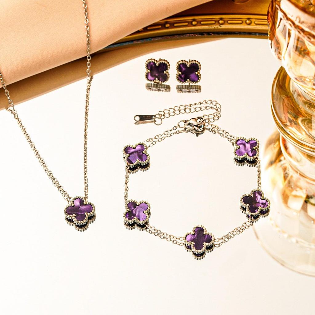 Set 3 pezzi collana bracciale orecchini quadrifoglio double-face in acciaio al titanio