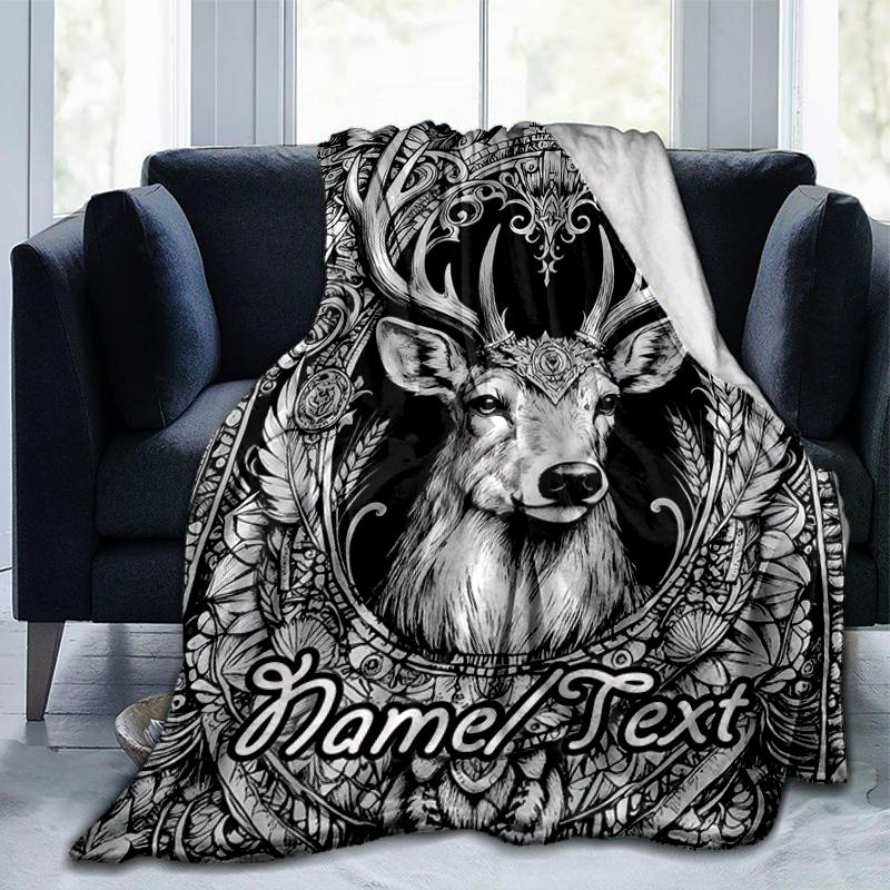 1PC Custom Name Deer Spirit Tattoo Outdooor Flannel Blankets Throw Blanket All-Season Throw Gift Bedspread for Couch, Bed, Camping Holiday Birthday Gi