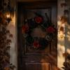 Halloween Garland Decoration Wreath for Front Door, Artificial Fall Maple Leaf Rose Pumpkin Seasonal Porch Hanging Piece Wreath, Autumn Harvest