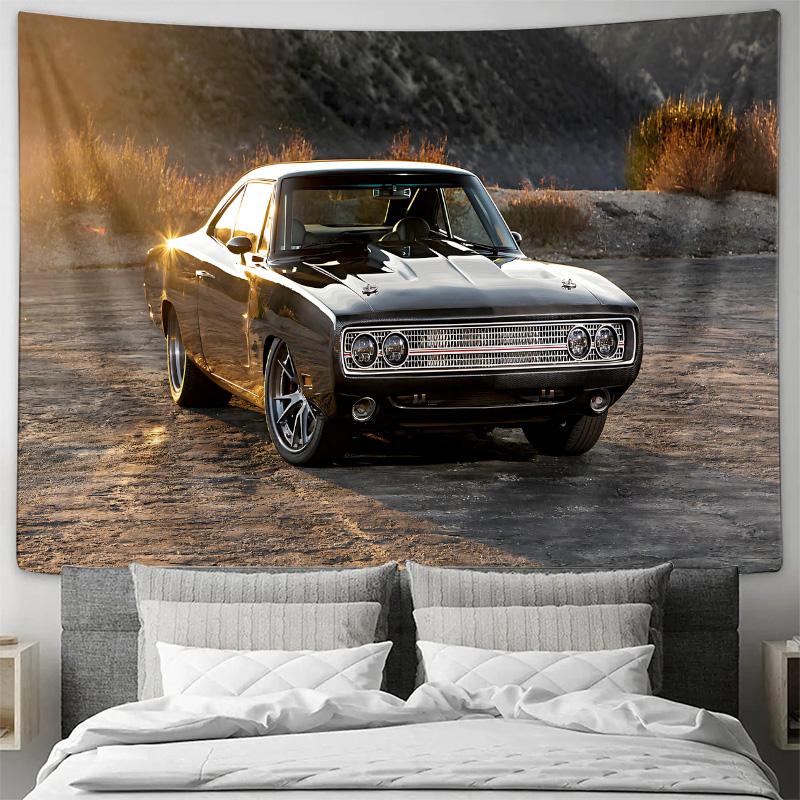 Classic Black Muscle Car Desert Sunset Wall Tapestry Machine Washable All Season Decor Art Print Vintage Design Home nontoxic 74x94cm(29x37in)
