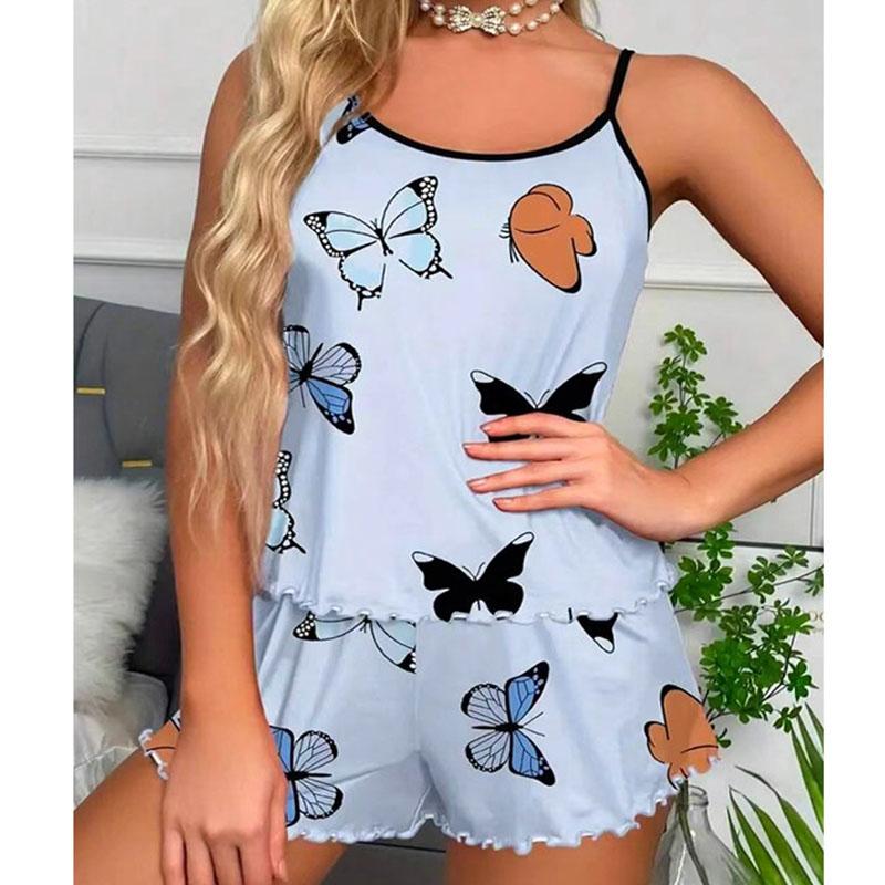 

Пижама с принтом бабочек, синий комплект, майка-топ, сексуальная женская пижама с открытой спиной, домашняя одежда, ночная рубашка для сна XXL синий