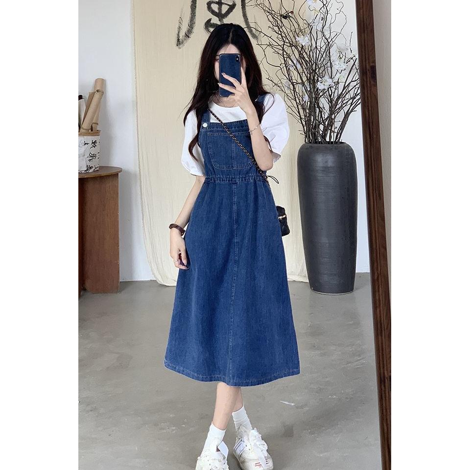 Women's Denim Suspender Skirt Spring Summer Causal Strap Female High Waist A-line Solid Lace-up Woman Skirts