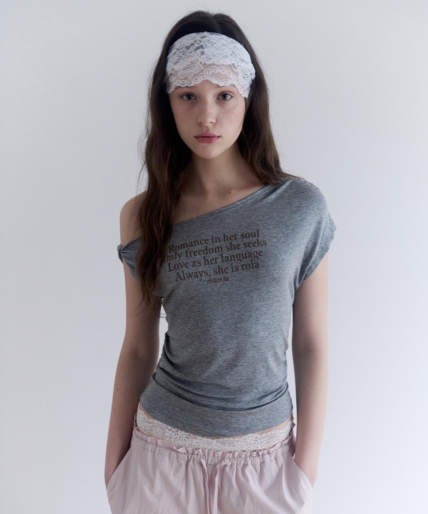 ROLAROLA Lettering Drape Off Shoulder T-Shirt Gray