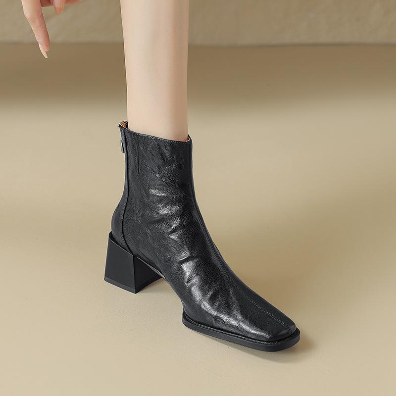 High Heel Coarse Heel Short Boots Women's Spring and Autumn Single Boots Retro Brown Rear Zipper Square Head