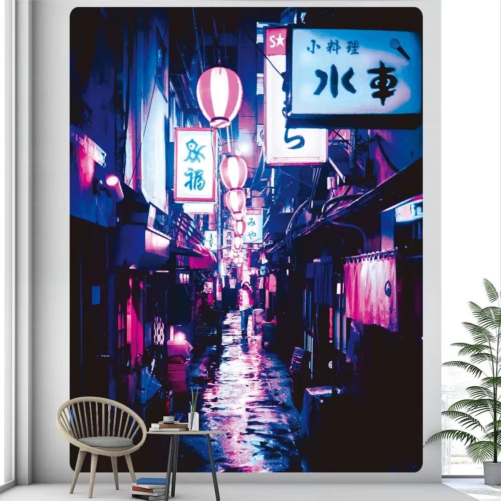 Glowing Tokyo Nightlife Tapestry, Japanese Metropolitan Bohemian Wall Hanging For Bedroom Living Room Hippie Sheet