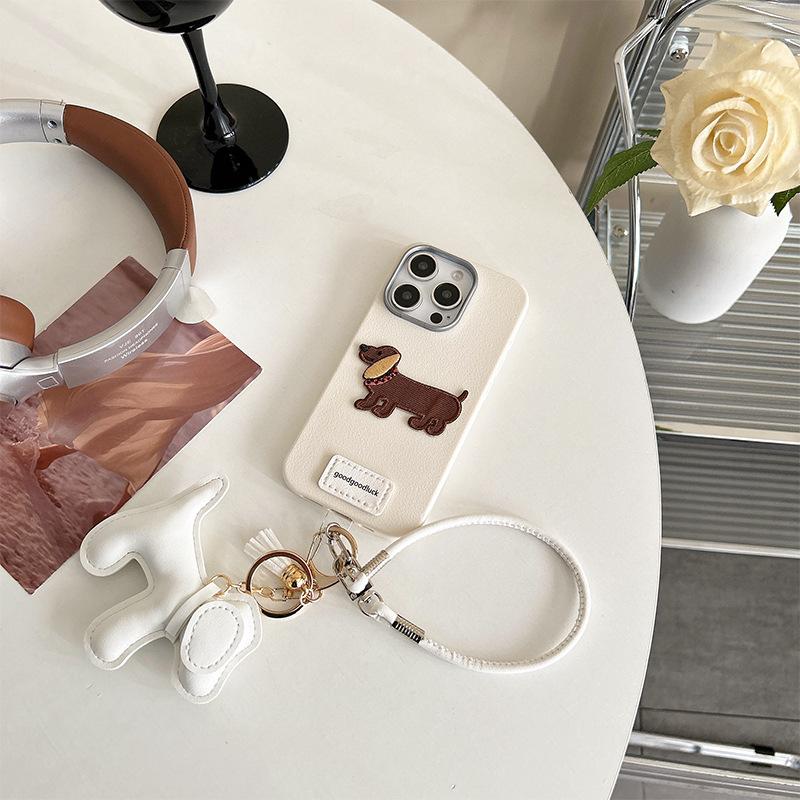 Imitation Leather Pattern Tpu Mobile Phone Case Is Suitable For Iphone16Promax Portable Rope Apple 15 Puppy Pendant 14 Women'S Models