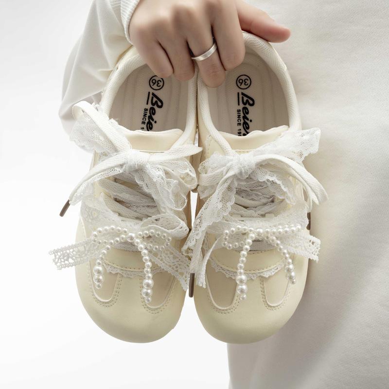 Pell satin pearl ribbon casual shoes Dexun shoes soft sole round head Forrest Gump shoes