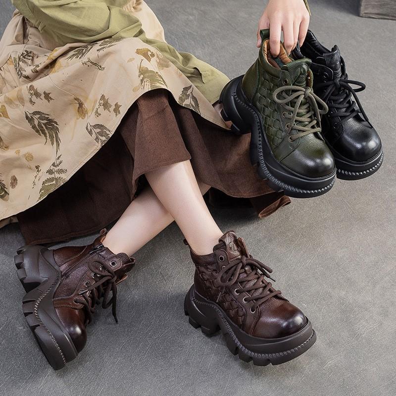 Johnature Retro Genuine Leather Thick Soled Short Boots Comfortable Side Zipper Women's Platform Shoes